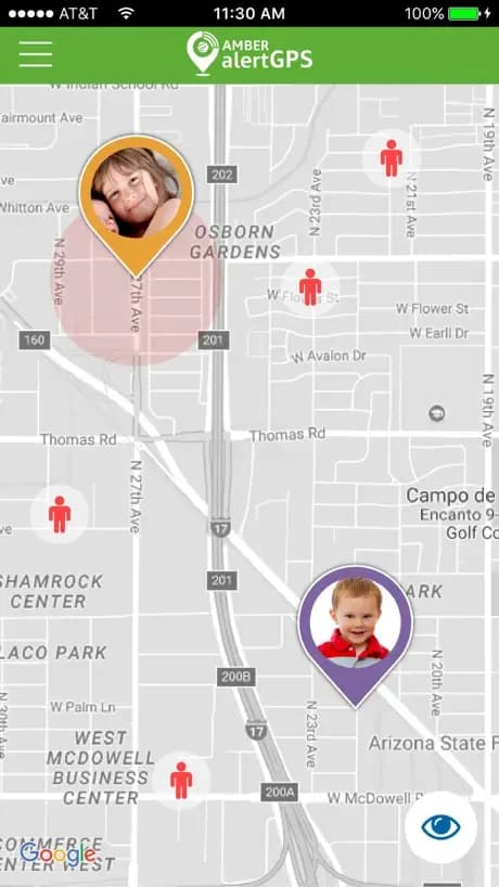 Amber Alert GPS App Store demo map with additional alert markers.