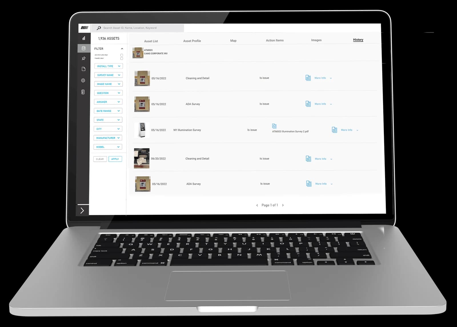CAMS published product image showing the asset history portal, survey records and filters.