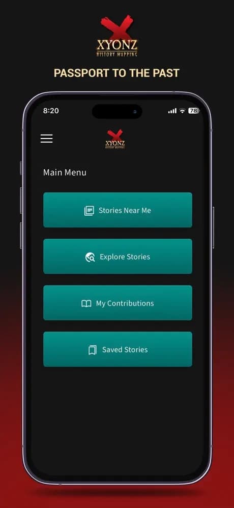 Xyonz main menu with nearby stories, exploration and saved stories.