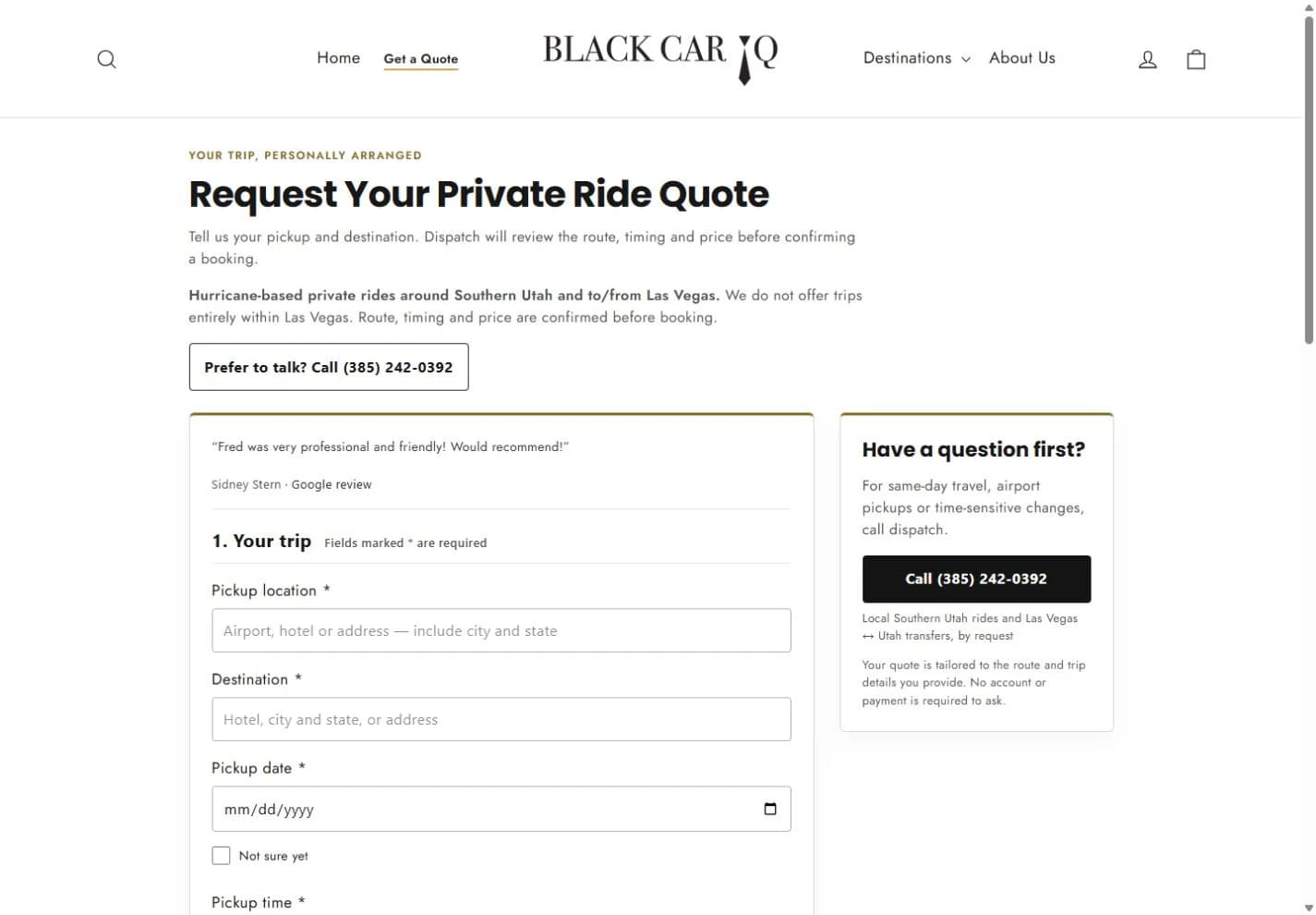 Black Car IQ desktop trip inquiry form with pickup, destination, date and time fields.