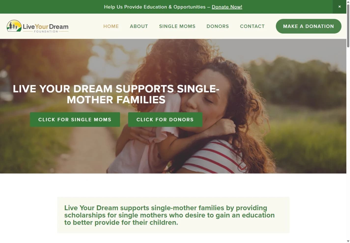Live Your Dream Foundation homepage with links for single mothers and donors.