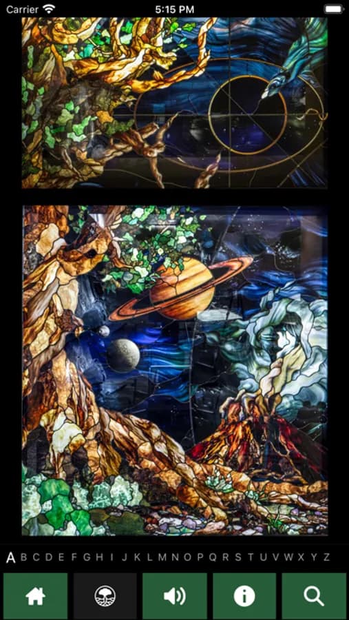 Complete Roots of Knowledge stained-glass exploration screen with app navigation