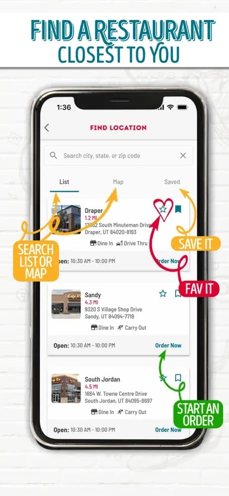 Cafe Rio restaurant finder with locations, hours and order actions.