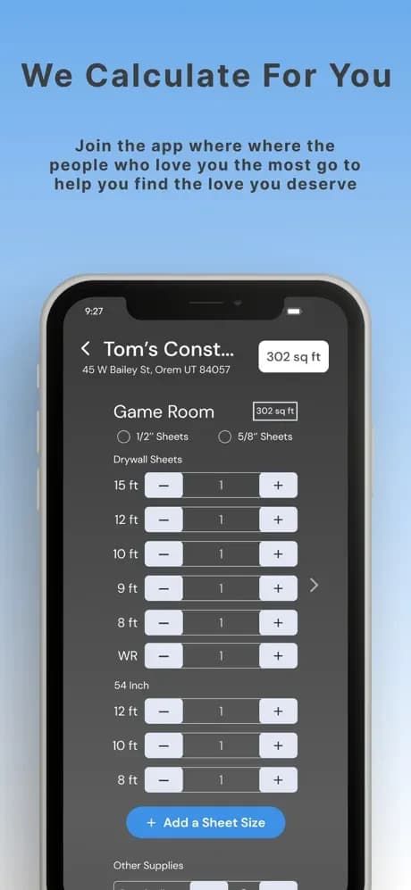 Drywall Genie sheet-counting screen showing room materials and quantities.