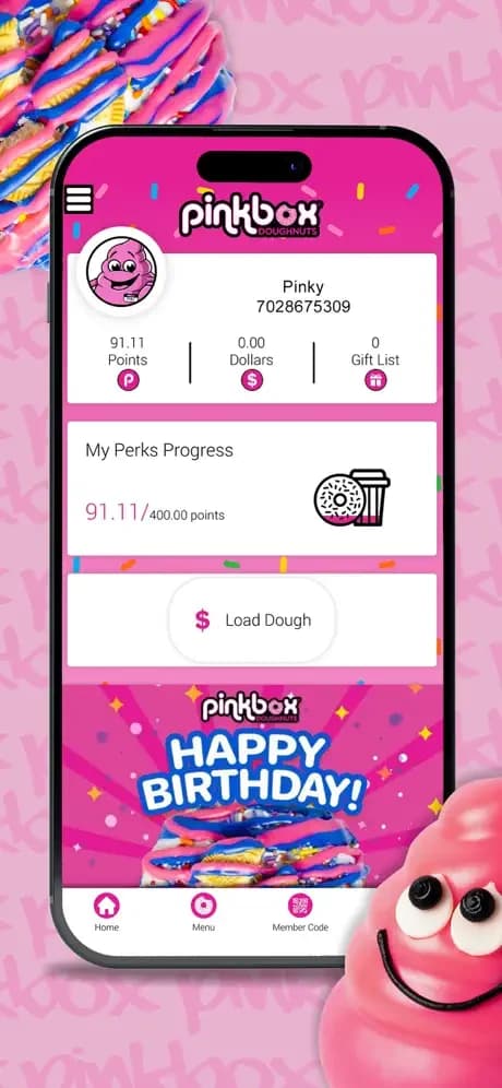 Pinkbox Doughnuts home screen with points and rewards progress.