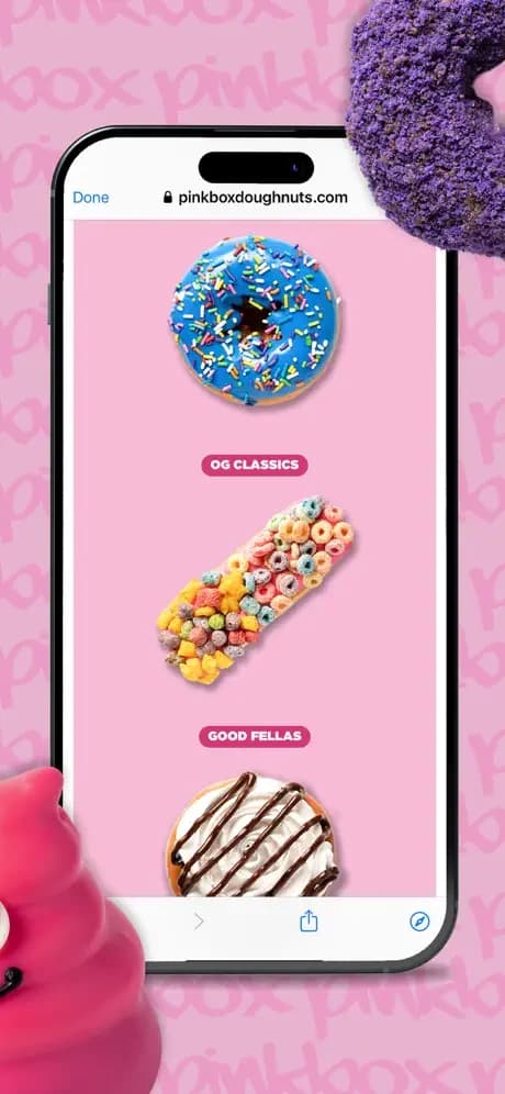 Pinkbox Doughnuts menu displayed inside the app.