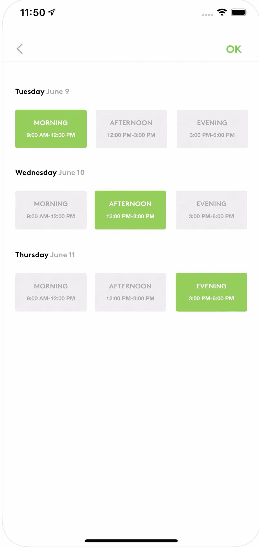 Complete historical Aptive Assistant service scheduling screen